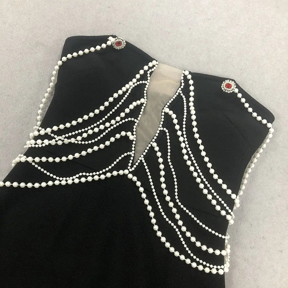Elegant women's clothing women's long bodycon dress gown luxury sexy black bandage mermaid evening gown pearl chain