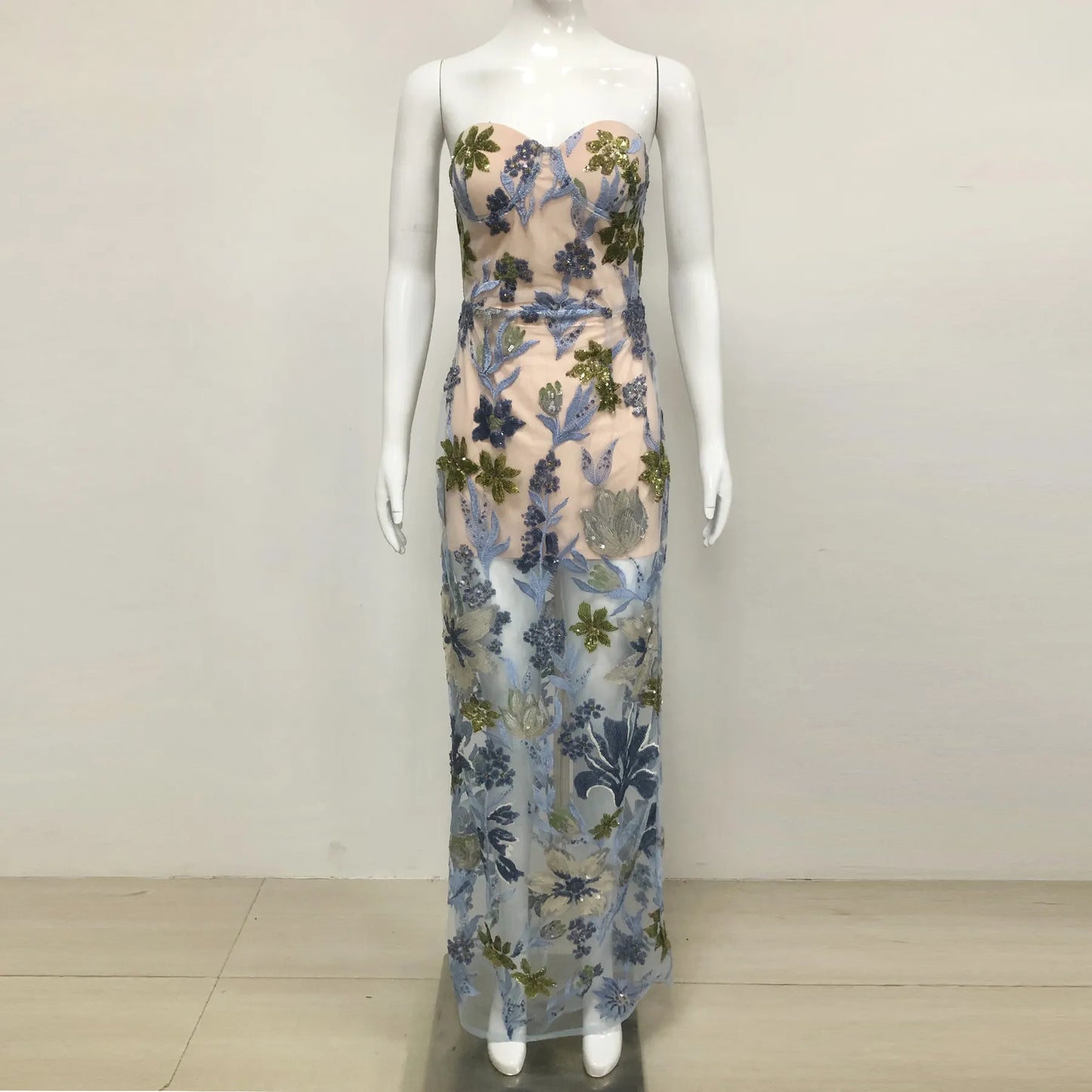 Custom Women's Boutique Clothing Embroidered Dress Elegant Long Transparent Design Handmade Sequin Embroidery Floral Dress