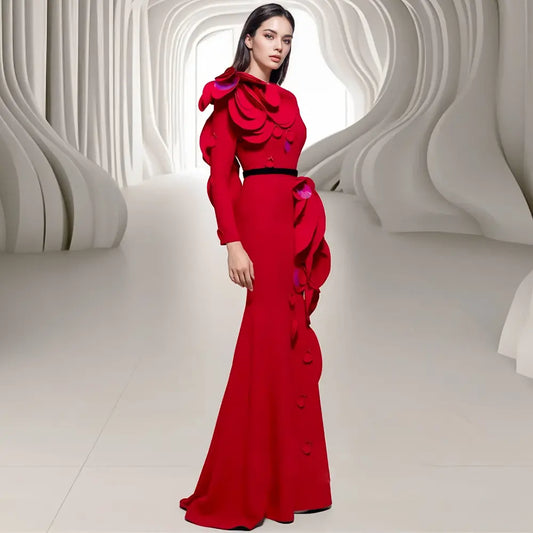 Wholesale women's luxury long sleeve dress elegant red mermaid evening dress 3D petal train