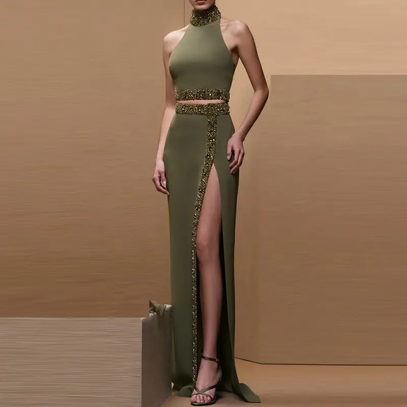 2025 Spring Summer Designer Clothing Women's Outfits Green Ensemble Inverted Women's Beaded Tank Top and Slit Maxi Skirt 2 Piece Set