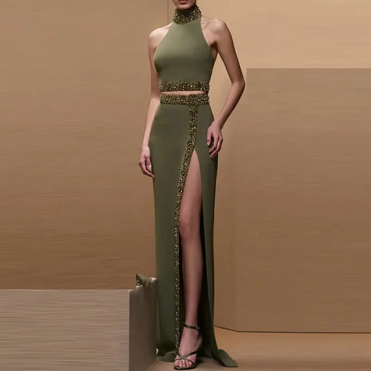 2025 Spring Summer Designer Clothing Women's Outfits Green Ensemble Inverted Women's Beaded Tank Top and Slit Maxi Skirt 2 Piece Set