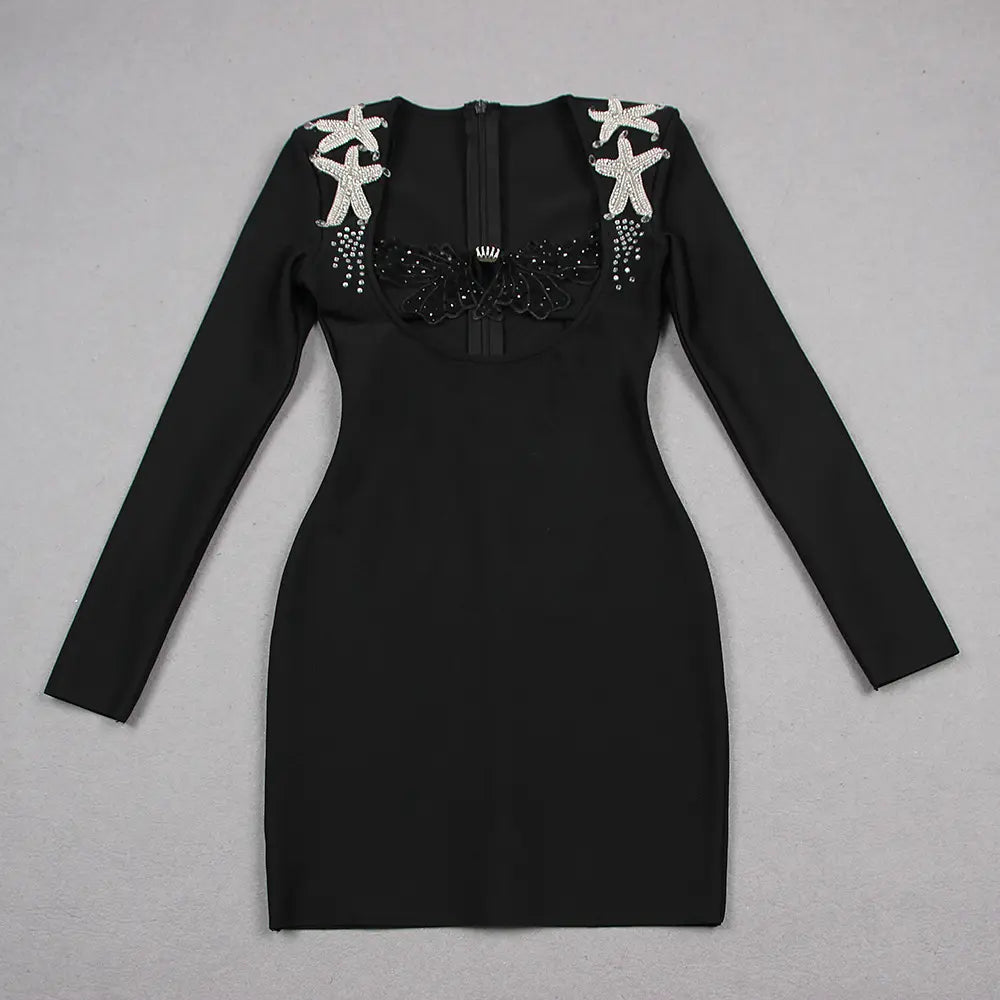2025 New Arrival Summer Women's Black Formal Prom Bandage Mini Dress Sexy Short Party Dress Hollow Starfish Long Sleeve