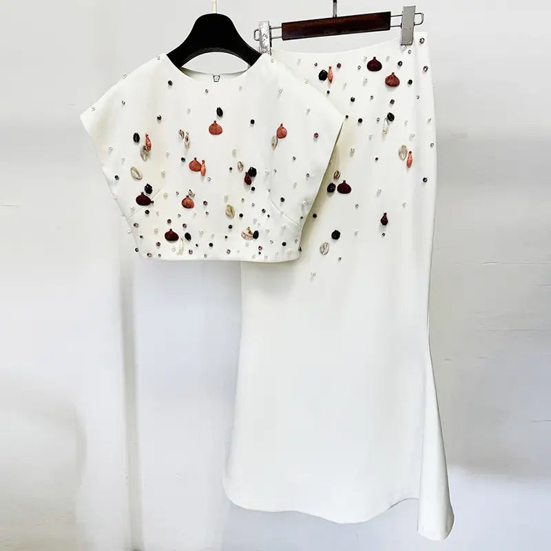 Spring suits women 2025 designer clothing heavy craft shell beads rhinestones cropped top fishtail skirt suits women formal