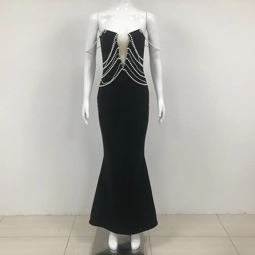 Elegant women's clothing women's long bodycon dress gown luxury sexy black bandage mermaid evening gown pearl chain