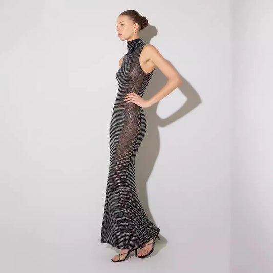 Luxury Diamond See-Through Maxi Nightgown Transparent Female Mesh Rhinestone Exquisite Transparent Sexy Evening Dress