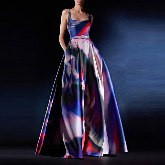 2025 New Arrival Nightgown Pour Femme Soiree Square Neck Sleeveless Long Party Evening Dress Women Multicolor Printed Summer Dress
