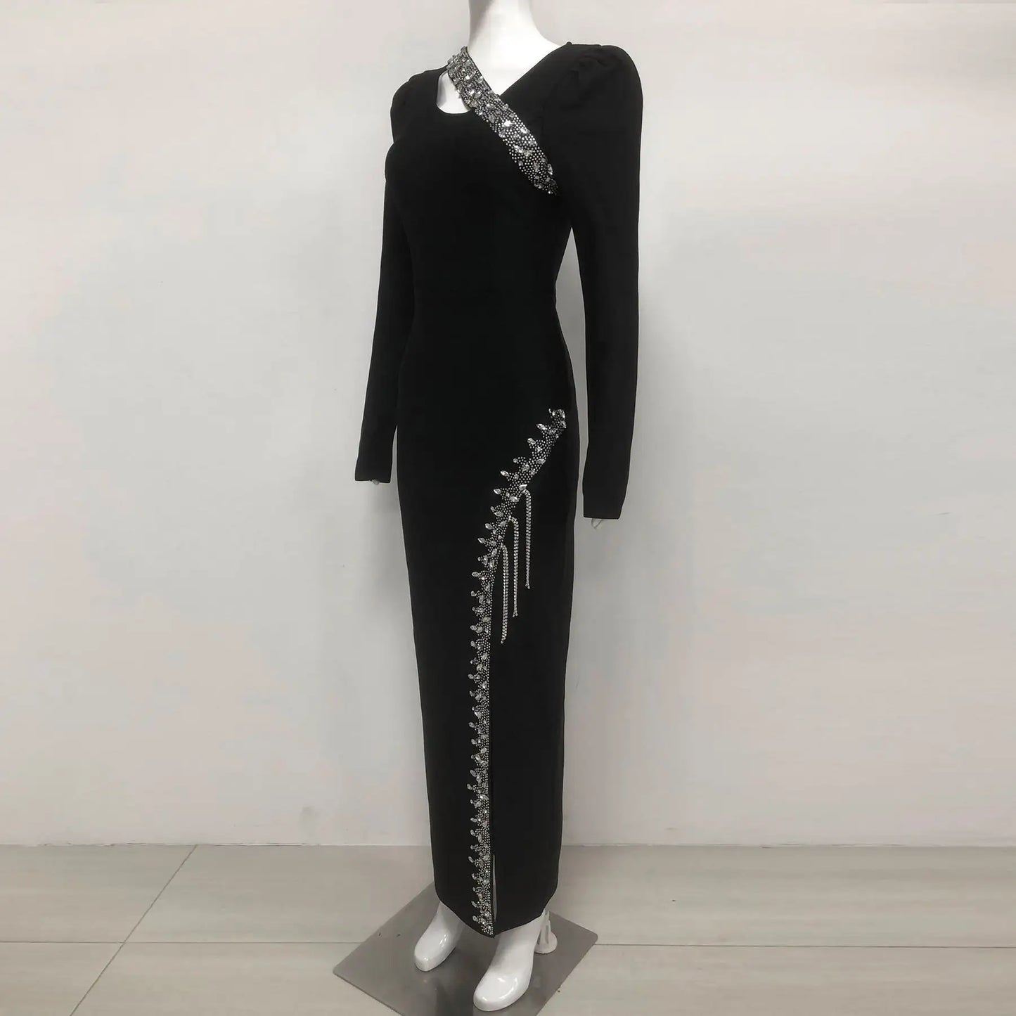 Luxury women's bodycon nightgown maxi formal bandage dress elegant long women's party evening gown dress with rhinestones and tassels