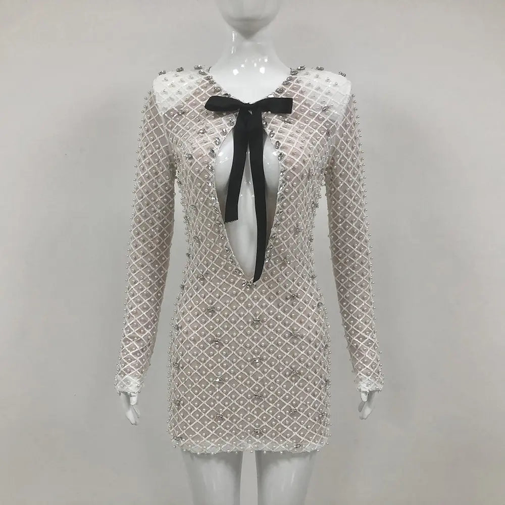 High End Clothing Manufacturer White Grid Pattern Womens Party Wear Long Sleeve Mini Dress with Rhinestone Black Bow