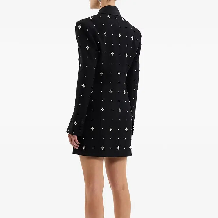 Luxury OEM clothing manufacturer beaded rhinestone black suit short skirt dress female elegant ladies blazer dress