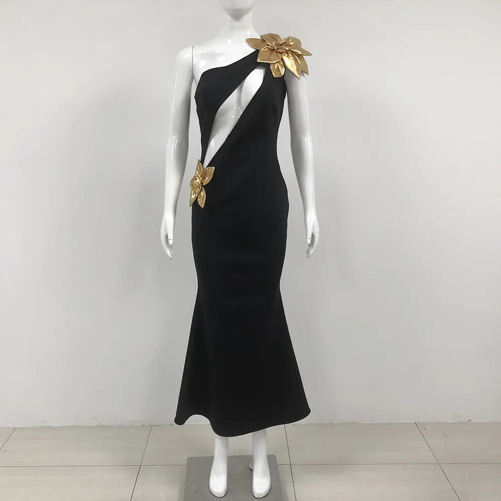 Wholesale women's elegant black club wear sexy party wear gold 3D flower cut out maxi dress evening gown