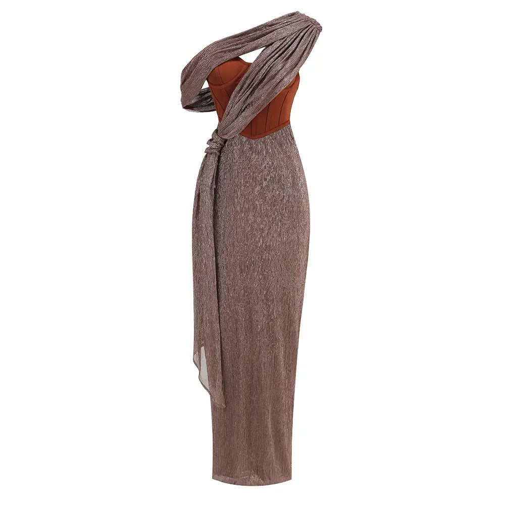 Vintage One Shoulder Slim Dress Women Elegant Cross Tulle Gown Evening Dress