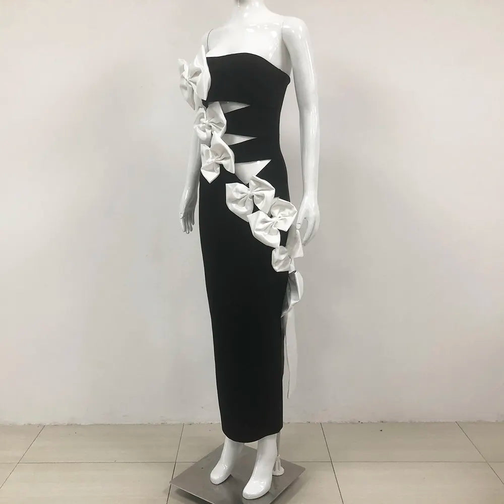 Custom women's dress manufacturer black long bodycon dress high bow evening gown