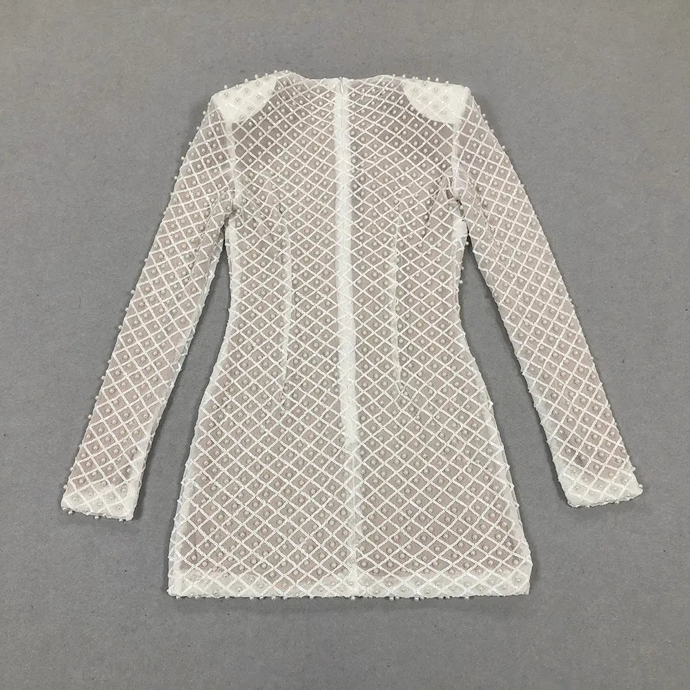 High End Clothing Manufacturer White Grid Pattern Womens Party Wear Long Sleeve Mini Dress with Rhinestone Black Bow