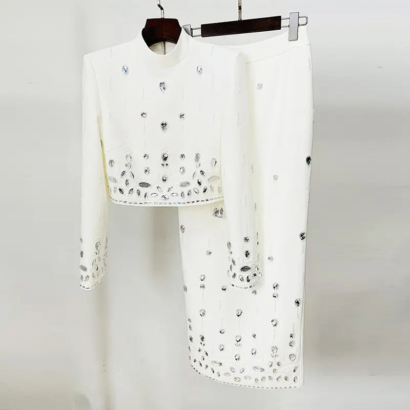 Fashion ladies two piece dress beaded diamond short long dress suit rhinestone 2 piece set 4