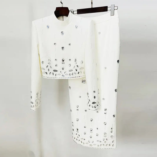 Fashion ladies two piece dress beaded diamond short long dress suit rhinestone 2 piece set 4