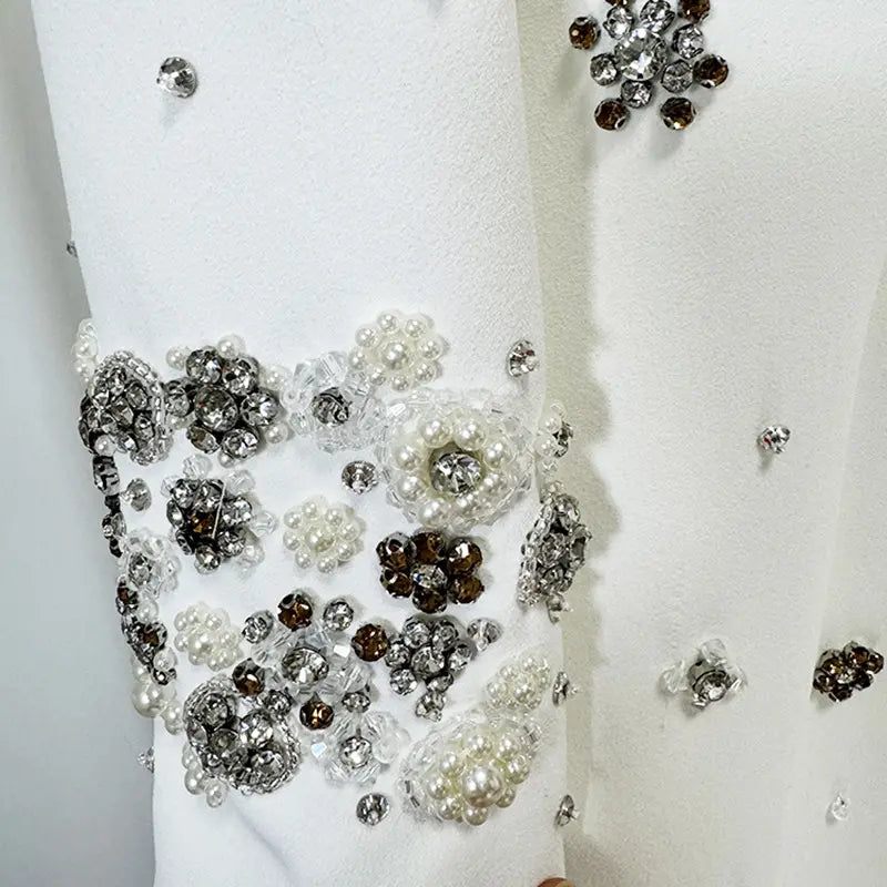 High Quality Womens Luxury Beaded Birthday Dress Womens Elegant Dress Long Sleeve White Evening Dress