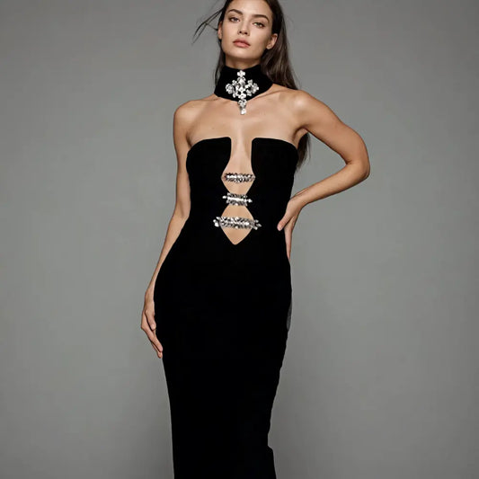 Custom bandage dress manufacturer luxury rhinestone elegant gown women long bodycon black evening dress