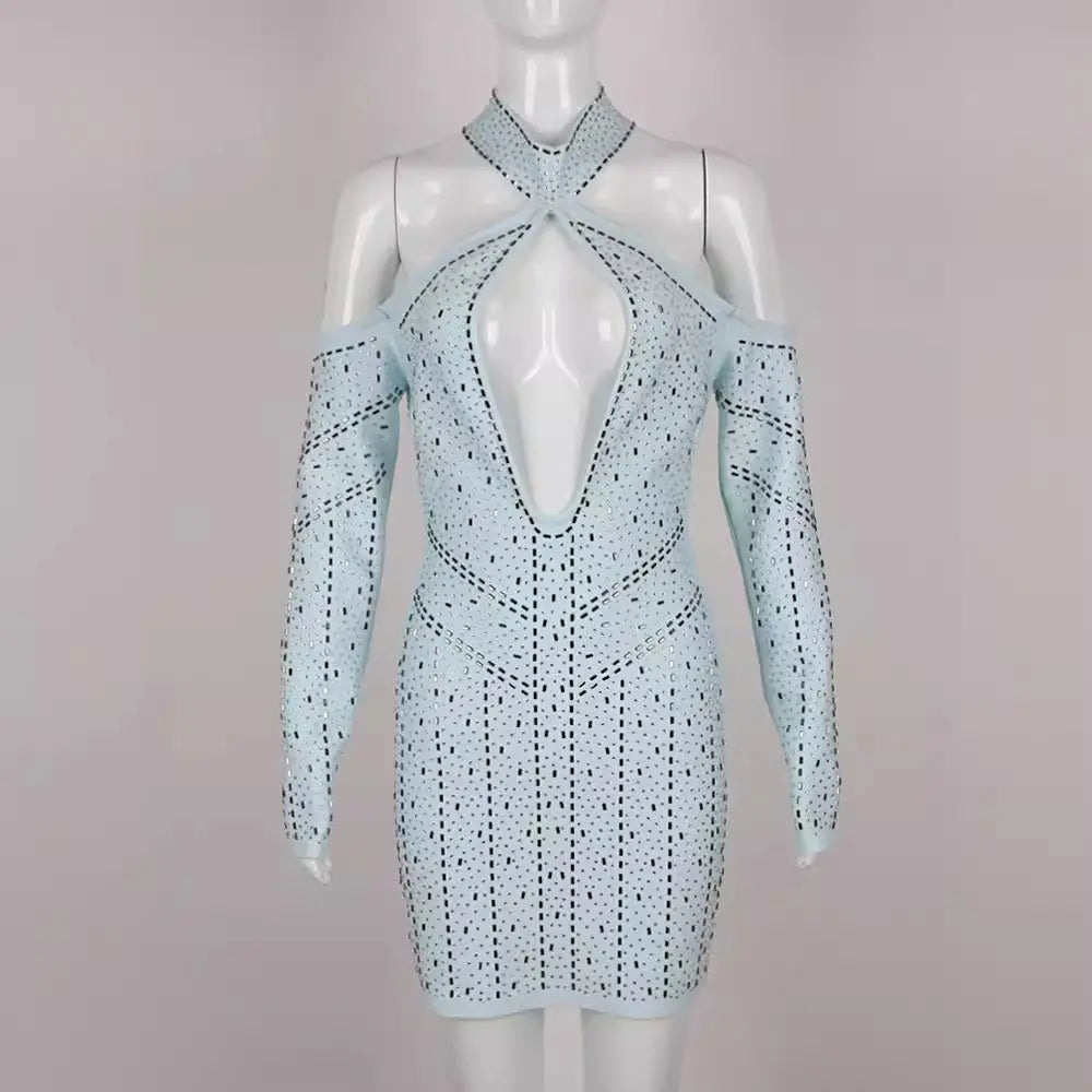 Wholesale Women's Rhinestone Sexy Hollow Long Sleeve Mini Dress Luxury Evening Bandage Short Party Dress
