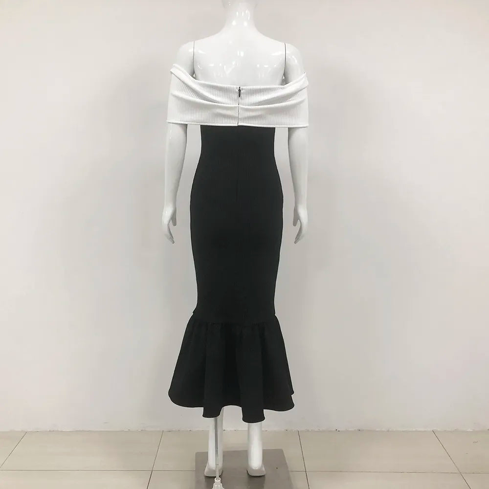 Wholesale Elegant Women Off Shoulder Black Evening Dress Female Mermaid White Bow Long Dress