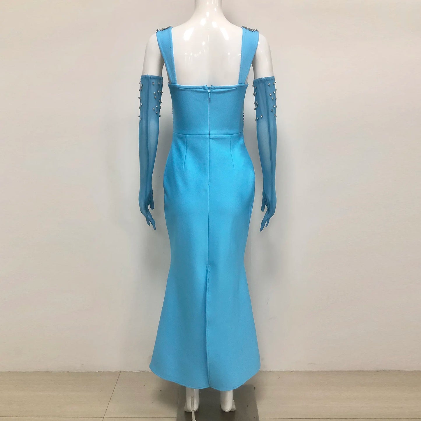 Wholesale Elegant Women Luxury Long Women Beaded Blue Bandage Evening Dress with Gloves Evening Gown