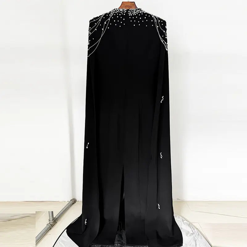 2025 Elegant Beaded Floor Standing Women's Formal Evening Dress Luxury Beaded Modest Evening Dress Long Cape Sleeves