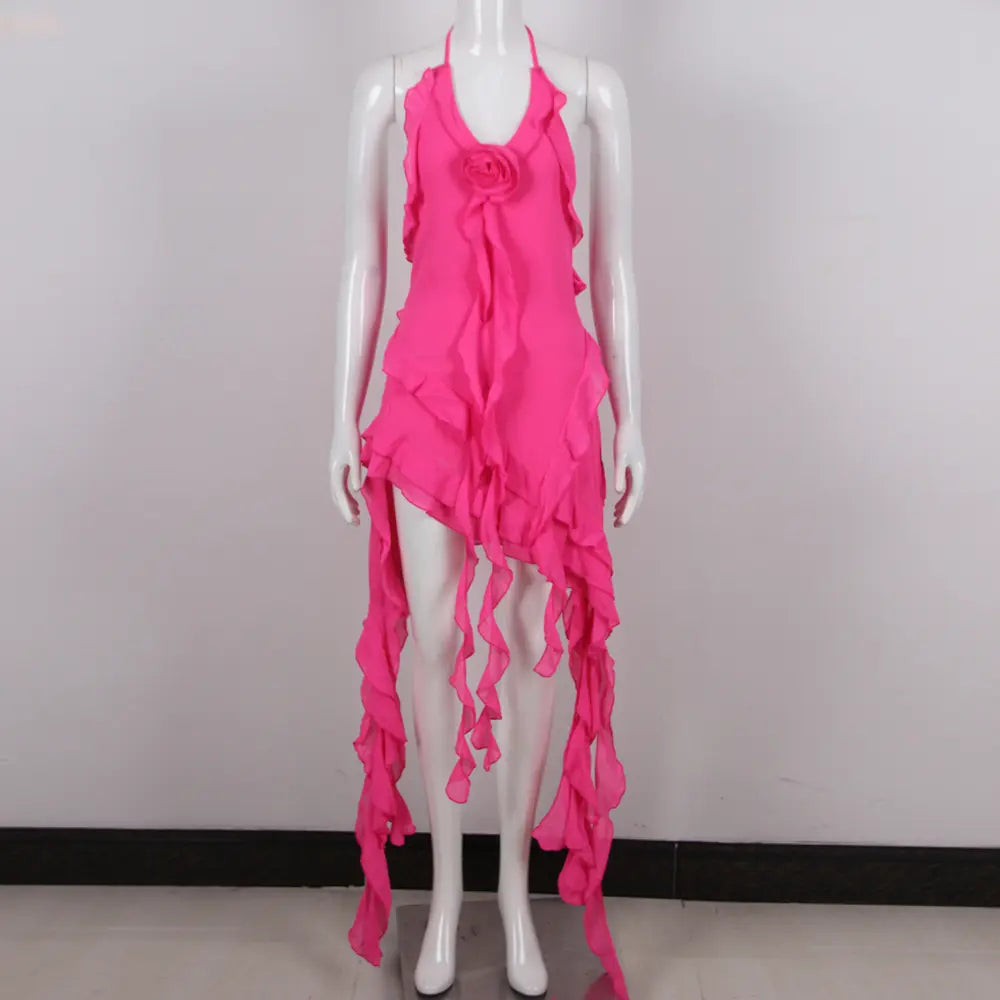 Roupas De Moda Feminina Summer Women Sexy V-Neck Backless Ruffle Bodycon Birthday Dress Asymmetric Ruffle Party Dress