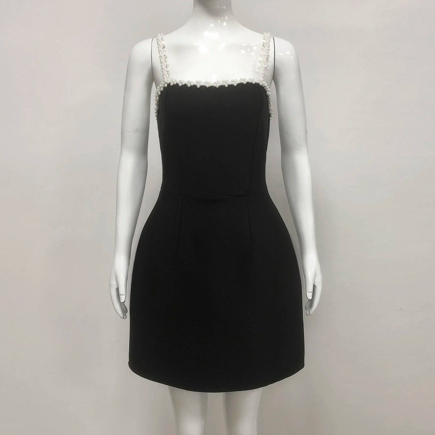Ladies Club Dress Women Elegant Black Sleeveless Beaded Summer Sexy Chic Party Mini Dress With Pearl Spaghetti Strap