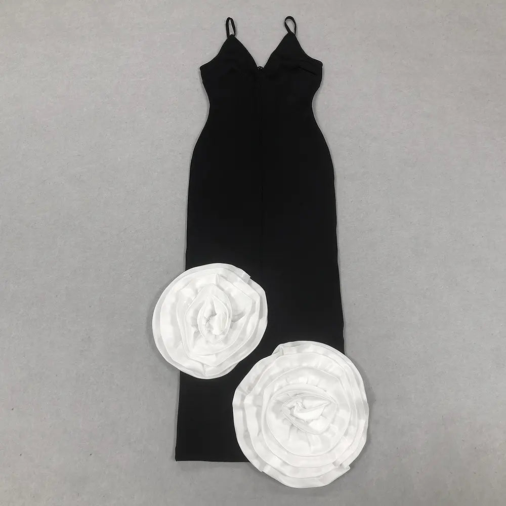 Custom high quality summer fashion elegant nightgown stylish women black deep v neck spaghetti strap 3d flower bandage dress