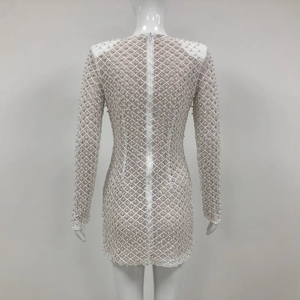 High End Clothing Manufacturer White Grid Pattern Womens Party Wear Long Sleeve Mini Dress with Rhinestone Black Bow