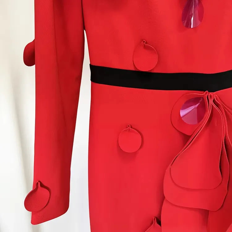 Wholesale women's luxury long sleeve dress elegant red mermaid evening dress 3D petal train