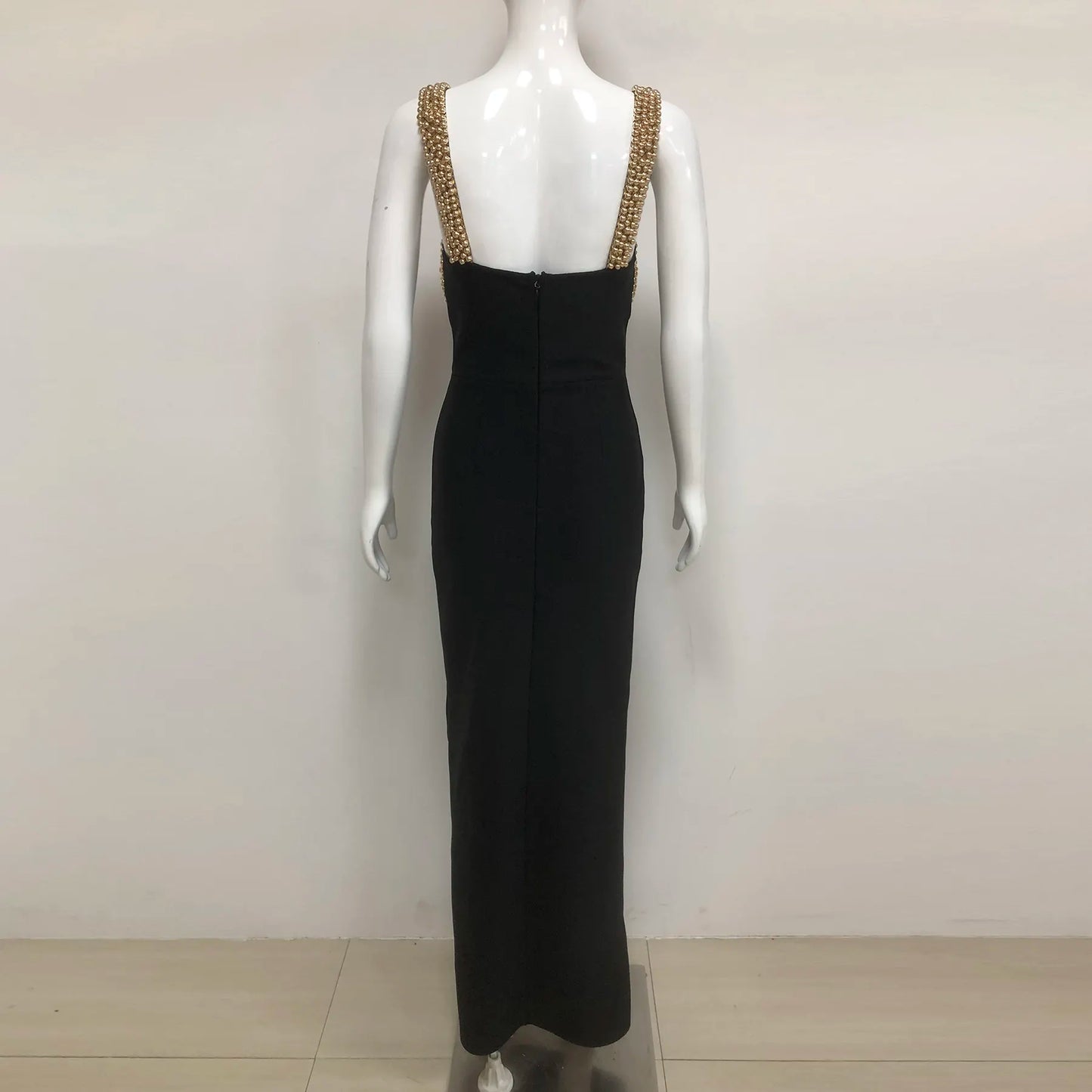 Elegant women's long dress sparkling party bandage dress luxury evening dress gold beaded black evening gown
