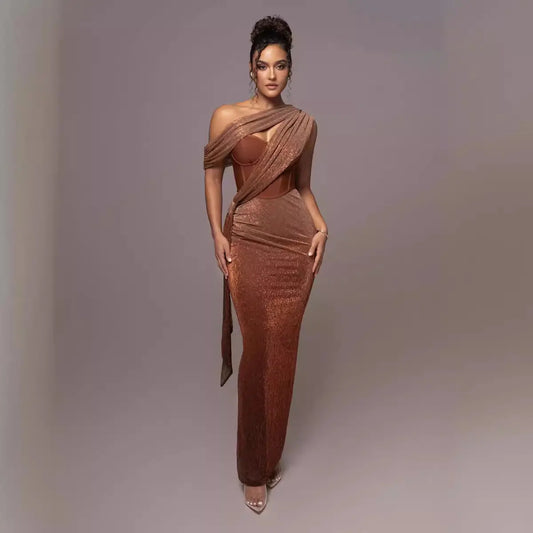 Vintage One Shoulder Slim Dress Women Elegant Cross Tulle Gown Evening Dress