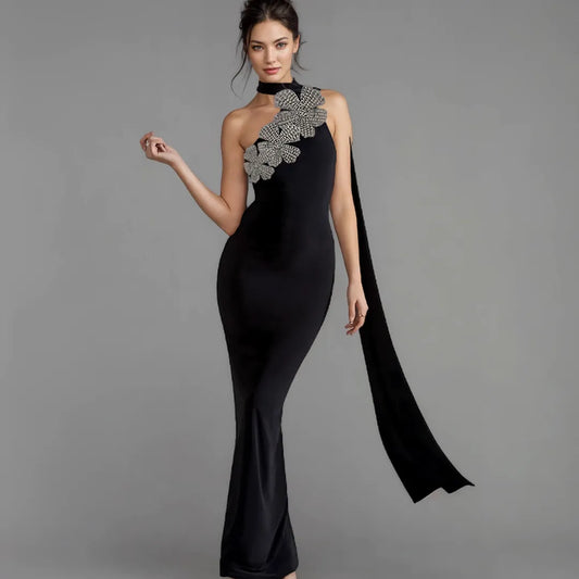 2025 New Style Ball Gown Front Dress Elegant Female Long Mermaid Evening Dress One Shoulder Formal Black Dress Long Cape