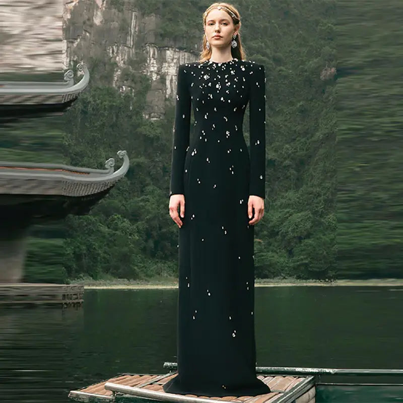 Wholesale Elegant Beaded Diamond Dress Long Sleeve Floor Standing Black Rhinestone Evening Dress