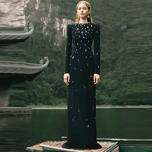 Wholesale Elegant Beaded Diamond Dress Long Sleeve Floor Standing Black Rhinestone Evening Dress