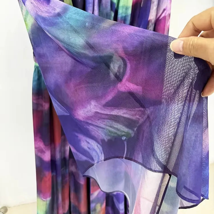 2025 luxury women's brand dress manufacturers abstract print long flowing summer vacation dress for women