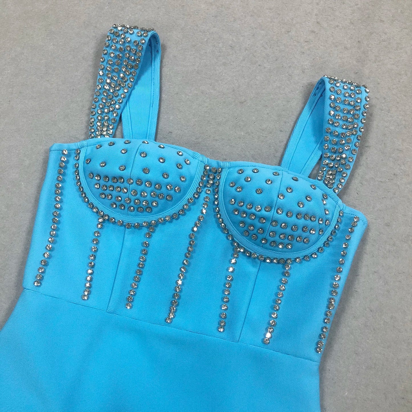 Wholesale Elegant Women Luxury Long Women Beaded Blue Bandage Evening Dress with Gloves Evening Gown
