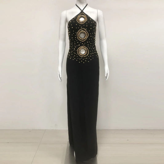 2025 Novelty Bandage Dress Women Black Long Bodycon Dress Elegant Backless Gold Beaded Party Evening Dress Women
