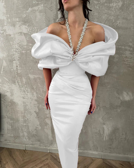 Fully customized dress high-end luxury off-shoulder big bow mermaid evening dress elegant white long dress dinner