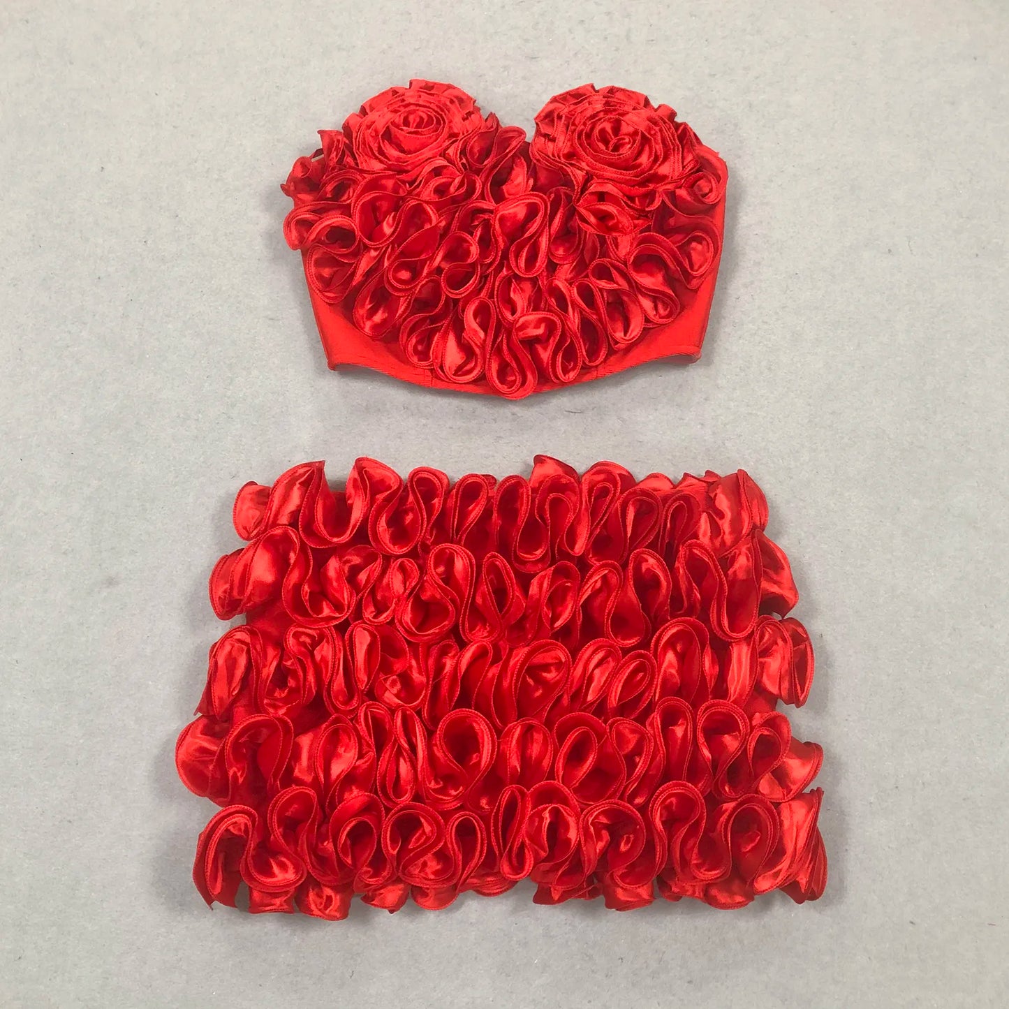 2025 Luxury Brand Women's 2 Piece Set Summer Club Suit Red Heart Top Mini Skirt Two Piece Set 3D Flowers