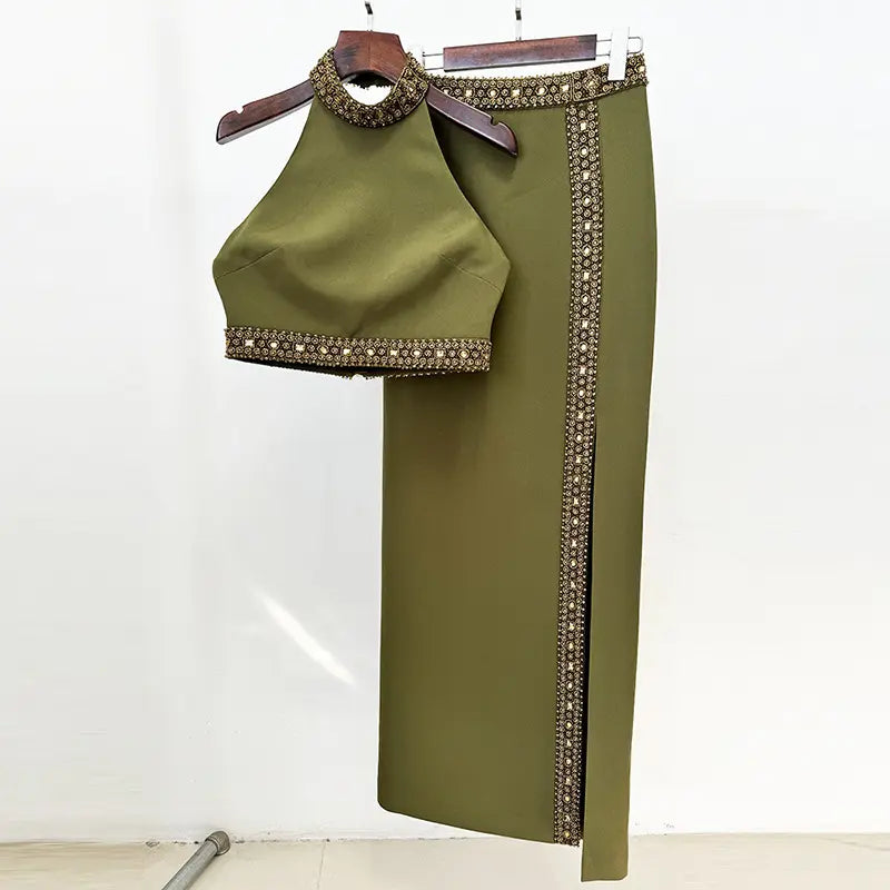 2025 Spring Summer Designer Clothing Women's Outfits Green Ensemble Inverted Women's Beaded Tank Top and Slit Maxi Skirt 2 Piece Set