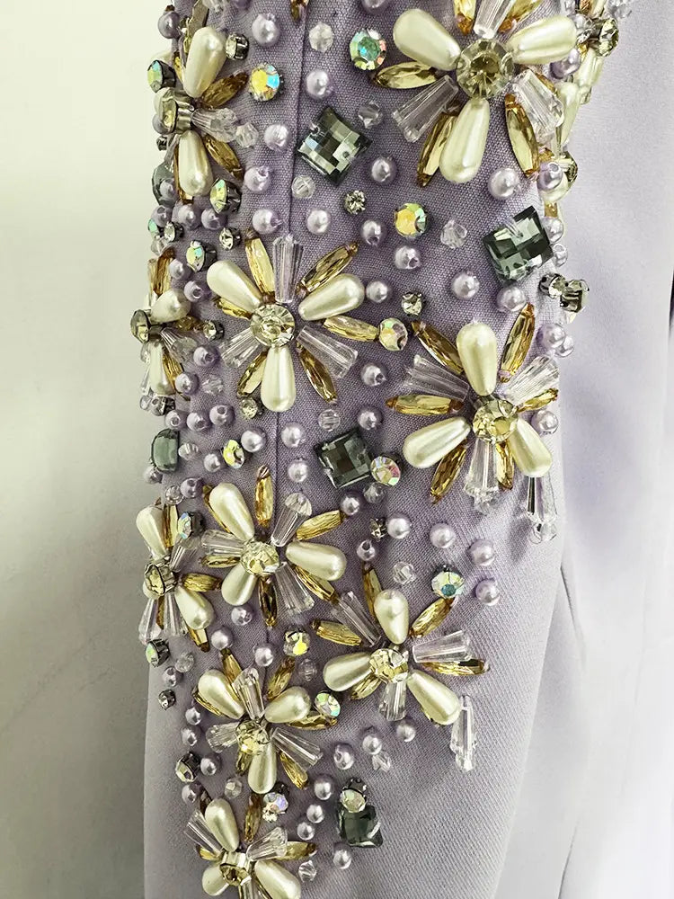 2025 Luxury Beaded Diamond Women's V Neck Maxi Party Dress Elegant Purple Long Gown Women's Modest Evening Dress