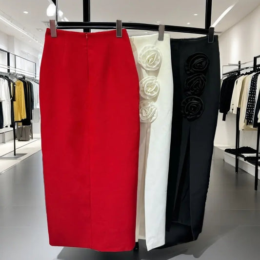 High Quality Women's Winter Wear 3D Flowers Red Maxi Long Slit Casual Dress