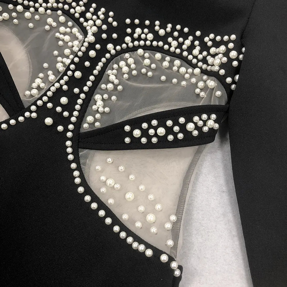 Luxury women designer bandage dress designer women party black dress elegant pearl evening dress