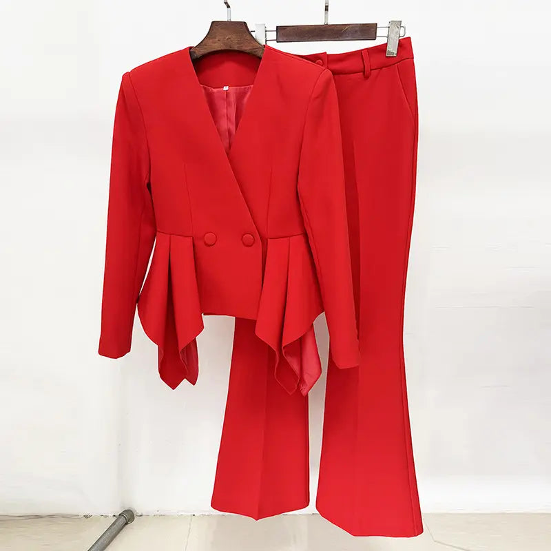 2025 designer inspiration clothing suits women trouser suits red ruffle jacket flared pants suits women suits