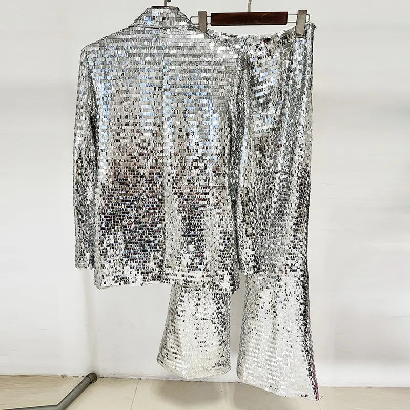 2025 New Fashion High-End Quality Women's Sports Jacket Mesh Silver Sequin Trousers Set Two-Piece Women's Sports Jacket Suit