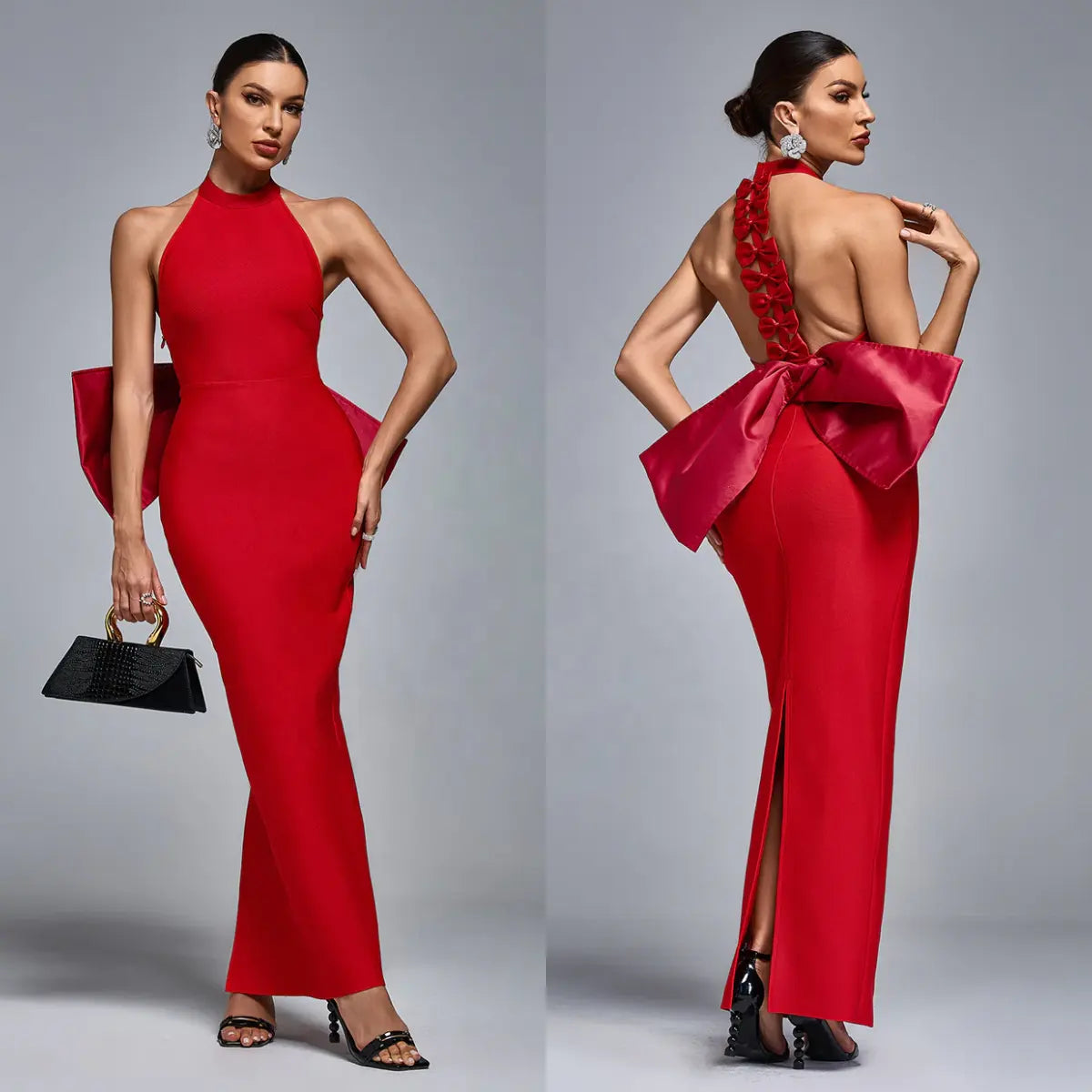 Custom Red Black Backless Bow Causal Club Dress Women Elegant Sleeveless Party Evening Dress