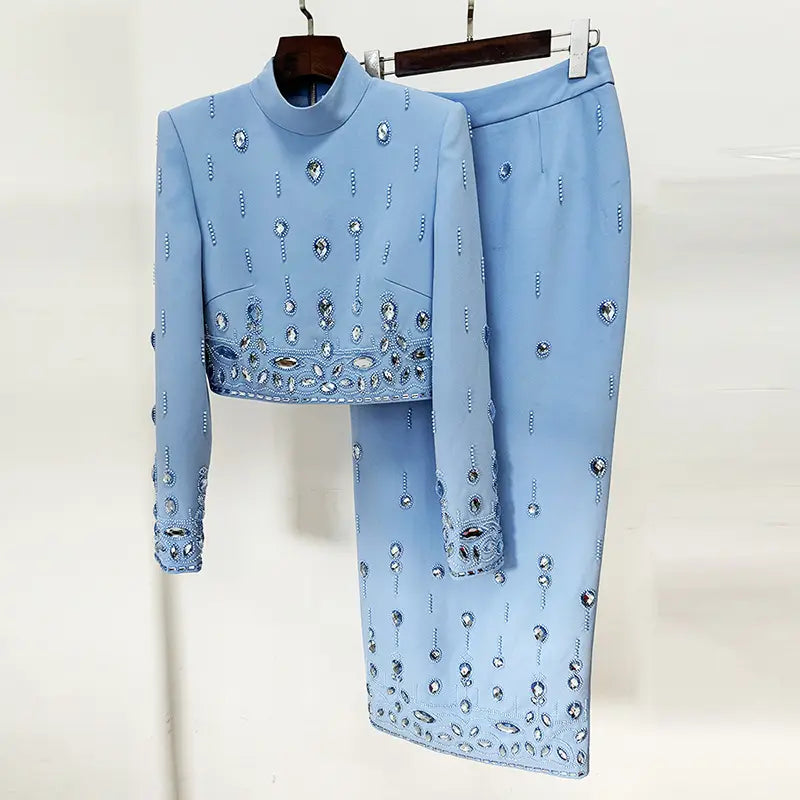 Fashion ladies two piece dress beaded diamond short long dress suit rhinestone 2 piece set 4
