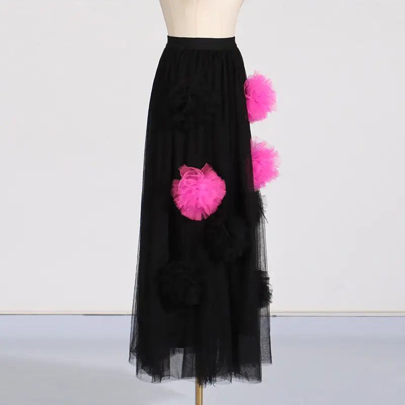 Summer Women's Casual Tulle Dress with Flowers Semi-transparent Maxi Dress