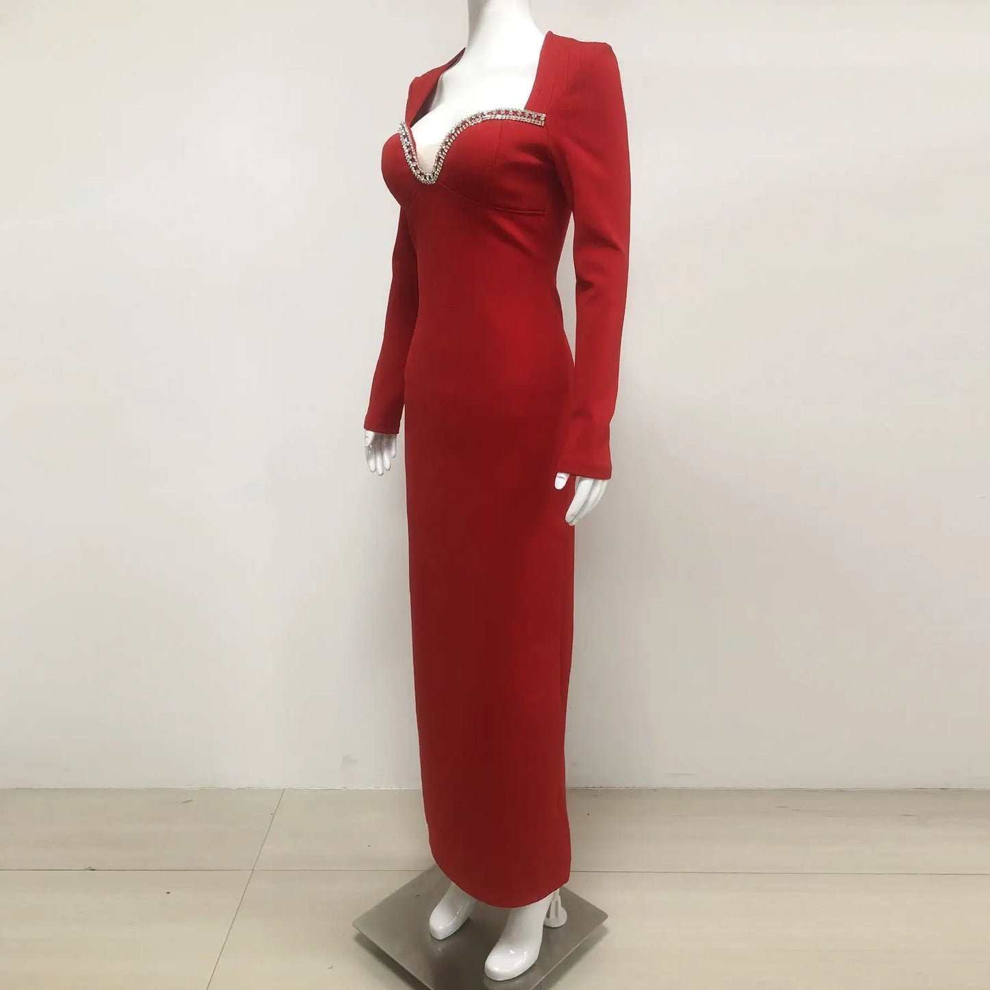 Custom made luxury women evening gown elegant long sleeve diamond beaded party bandage dress red evening gown dress